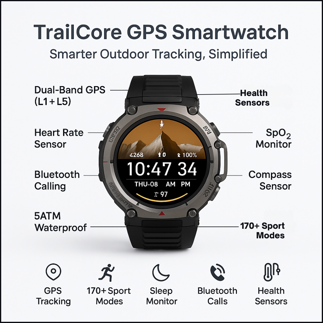 TrailCore GPS Smartwatch with Dual-Band GPS & Sports Modes