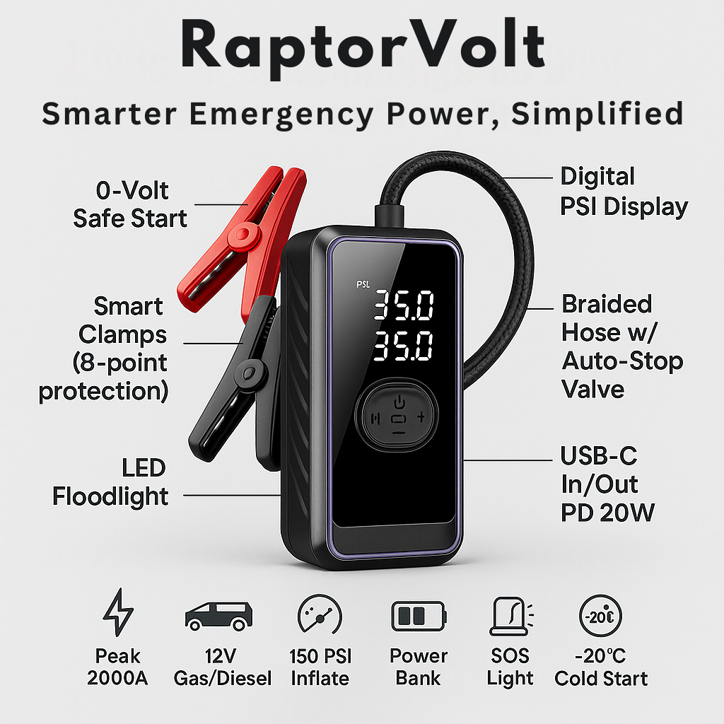 RaptorVolt 12800mAh Jump Starter – 12V Battery Booster for Cars
